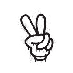 Black and white graphic of a hand making a peace sign, with a spray paint effect.