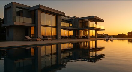 Modern Luxury House with Large Glass Windows and Sunset Reflection by the Water