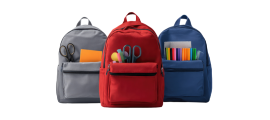 Three colorful school backpacks, each filled with school supplies