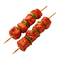 Two skewers of red marinated paneer tikka with green pepper slices indian food appetizer