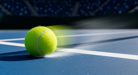 Tennis ball in motion on a blue court.