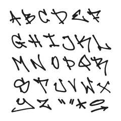 Graffiti alphabet with stylized letters and symbols, showcasing a unique artistic font style.