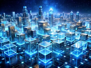 Futuristic city with glowing cubes and skyscrapers, a digital landscape of innovation and technology