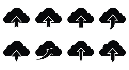 Simple black cloud icons with upward pointing arrows diverse styles shown