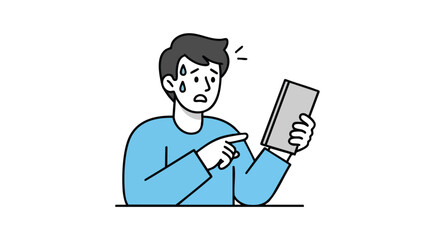 Stressed man pointing at phone screen, sweating and looking worried about urgent notification