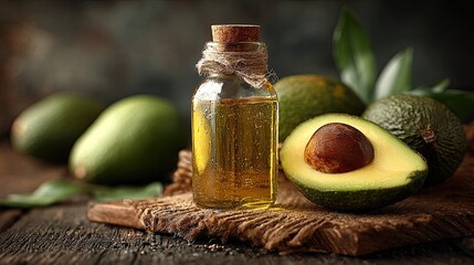 Avocado oil in small glass bottle, next to avocado halves