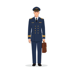 Vector Pilot Illustration | Airline Captain in Uniform with Briefcase, Flat Minimalist Design, White Background