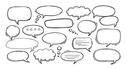 Hand-drawn speech bubbles and thought clouds for communication, ideas, and brainstorming concepts