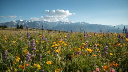 Fototapeta premium A vibrant meadow bursting with colorful wildflowers stretches towards a backdrop of snow-capped mountains under a clear blue sky.