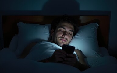 A sleepless man lying in dark bedroom with mobile phone in hands and scrolling endlessly. High quality