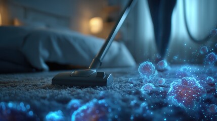 A vacuum cleaner cleans a carpet, symbolizing the removal of microscopic germs and allergens in a dimly lit bedroom setting.