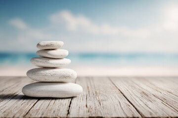 Stacked White Stones On Wooden Beach Deck