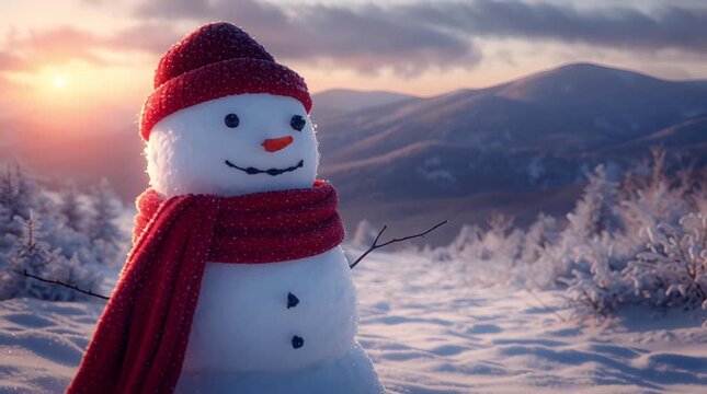 snowman wearing red scarf in snowy mountains during sunset, peaceful winter scene perfect for christmas, holidays, and seasonal themes