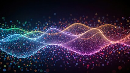 Fototapeta premium Abstract graphic design showcasing dynamic, colorful waves of interconnected particles against a dark backdrop.