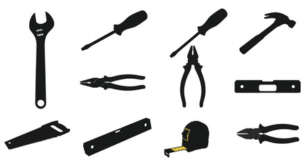 An assortment of common hand tools depicted in black silhouettes
