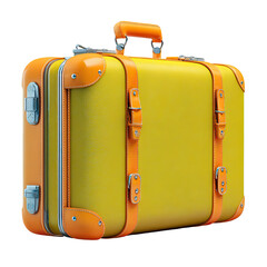 A mustard-yellow vintage suitcase with orange accents