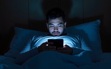 A man lying in bed at night and doom scrolling on social media ignoring sleep. High quality
