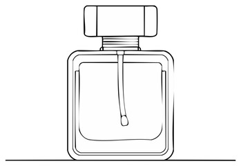 Outline drawing of square perfume bottle with sprayer. Fragrance container for beauty care product