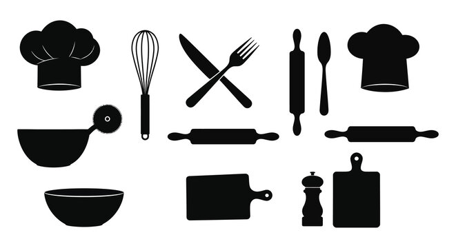 Black silhouette icons depicting cooking tools and chef hats for culinary arts