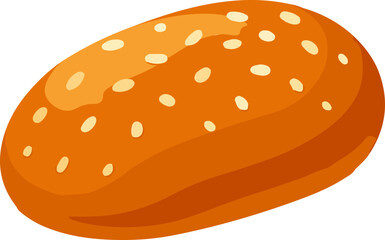 A visually appealing illustration of a freshly baked oval bread roll generously sprinkled with small white sesame seeds, perfect for culinary and baking themes