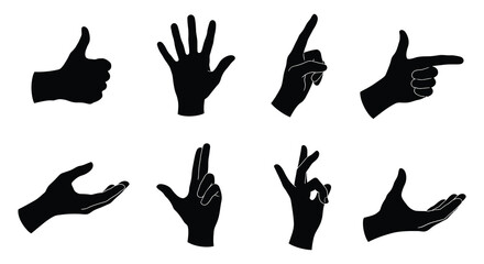 Variety of black silhouette hand gestures displayed in a simple arrangement
