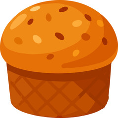 Charming cartoon illustration of a delicious baked muffin, featuring a golden-brown top and textured bottom, ideal for breakfast graphics, sweet treat promotions, or children's food designs