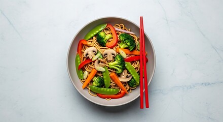Delicious Vegetable Noodles with Chopsticks.