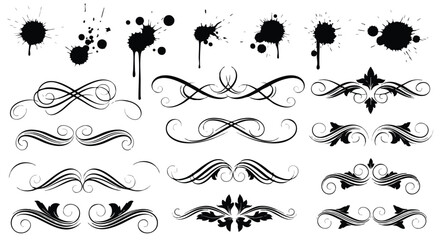 Fototapeta premium Elegant ornamental flourish designs and ink splatters for creative projects and graphic design