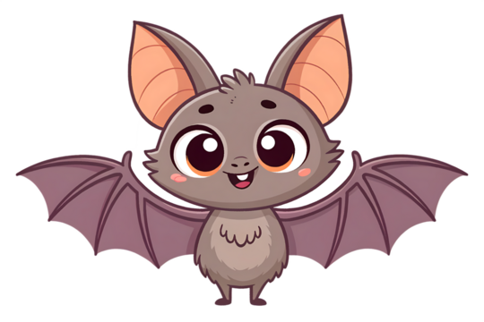 Adorable cartoon bat with big eyes and spreading wings isolated on transparent background