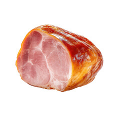 Close-up of a cured ham slice, roasted, with a browned exterior and pale interior