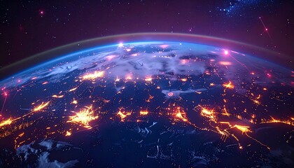 Obraz premium Glowing city lights on Earth from space at night with a purple hue
