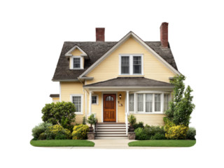 Yellow house with green landscaping and brick chimneys exterior residential, Isolated, Png Transparent Background