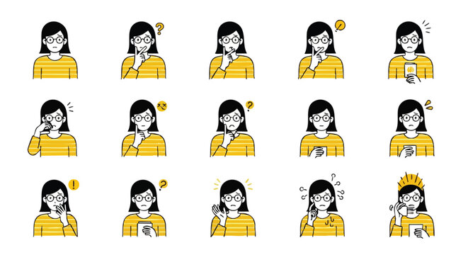 Diverse emotions and thoughts of a young woman depicted in various expressive icons for communication
