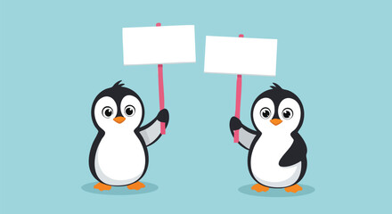Two adorable penguins holding blank signs ready for your important message or announcement
