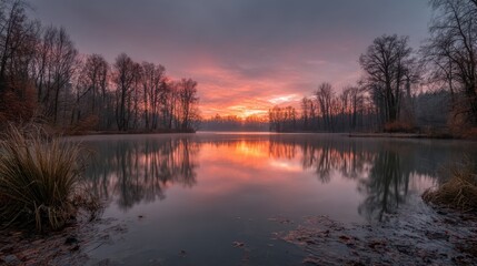 Obraz premium Golden Hour Reflections on a Tranquil Misty Lake Surrounded by Bare Autumn Trees at Sunset