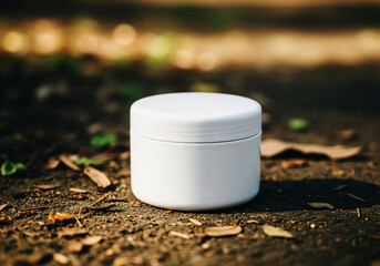A white cosmetic jar sits on a textured surface with fallen leaves and blurred background