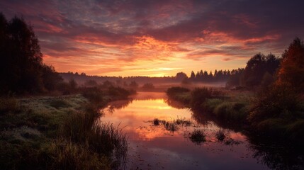 Breathtaking Sunset over a Serene River in a Misty Forest Landscape with Reflective Orange Water and Silhouetted Trees