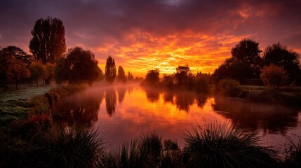 Obraz premium Breathtaking Sunset over a Serene River Surrounded by Misty Banks and Silhouetted Trees