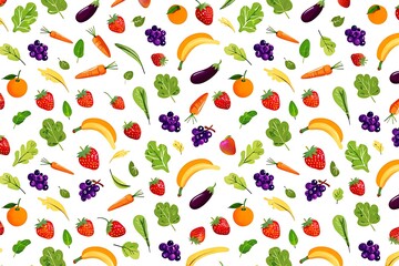 Colorful Fruit and Vegetable Pattern Background Healthy Food Theme Seamless Design for Kitchen Textile or Digital Paper