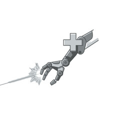 A sleek, futuristic bionic arm, prominently featuring a medical cross, emits a powerful healing ray, symbolizing advanced healthcare technology and AI aid.