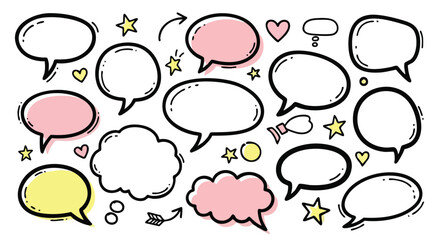 Fototapeta premium Vibrant hand-drawn speech bubbles and icons for dynamic communication and creative ideas
