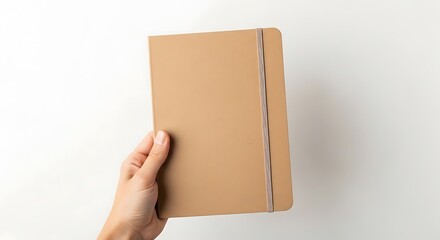 Holding a sleek journal with minimalist design on a clear background