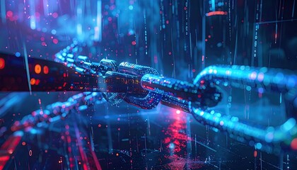 Digital Blockchain Network with Blue Glowing Chain and Red Sparks Overlap in Abstract Background Cyber Security and Technology Concept