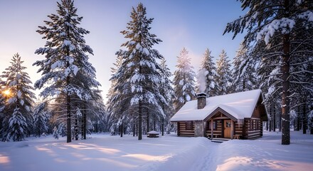 Fototapeta premium Snowy Cabin in Pine Forest