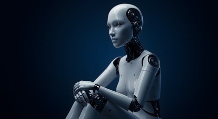 Humanoid robot sitting in thoughtful pose with sleek metallic design symbolizing AI consciousness and futuristic technology