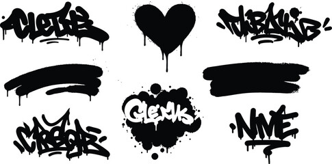 Black graffiti spray paint elements with heart shape on transparent background © AL-AMIN