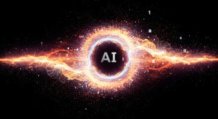 Naklejka premium AI core surrounded by glowing plasma ring and data streams symbolizing digital power intelligence and futuristic energy flow 