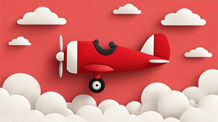 Red airplane in flight above red background with white clouds