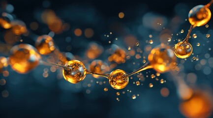 Abstract network of glowing spheres and carbon pipes with water droplets, orange energy flow on dark blue, 3D rendered for chemical engineering and data analysis concepts.