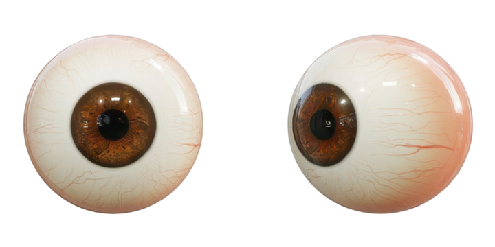 Two prosthetic eyes, one facing front and one facing sideways isolated PNG with Transparent Background
